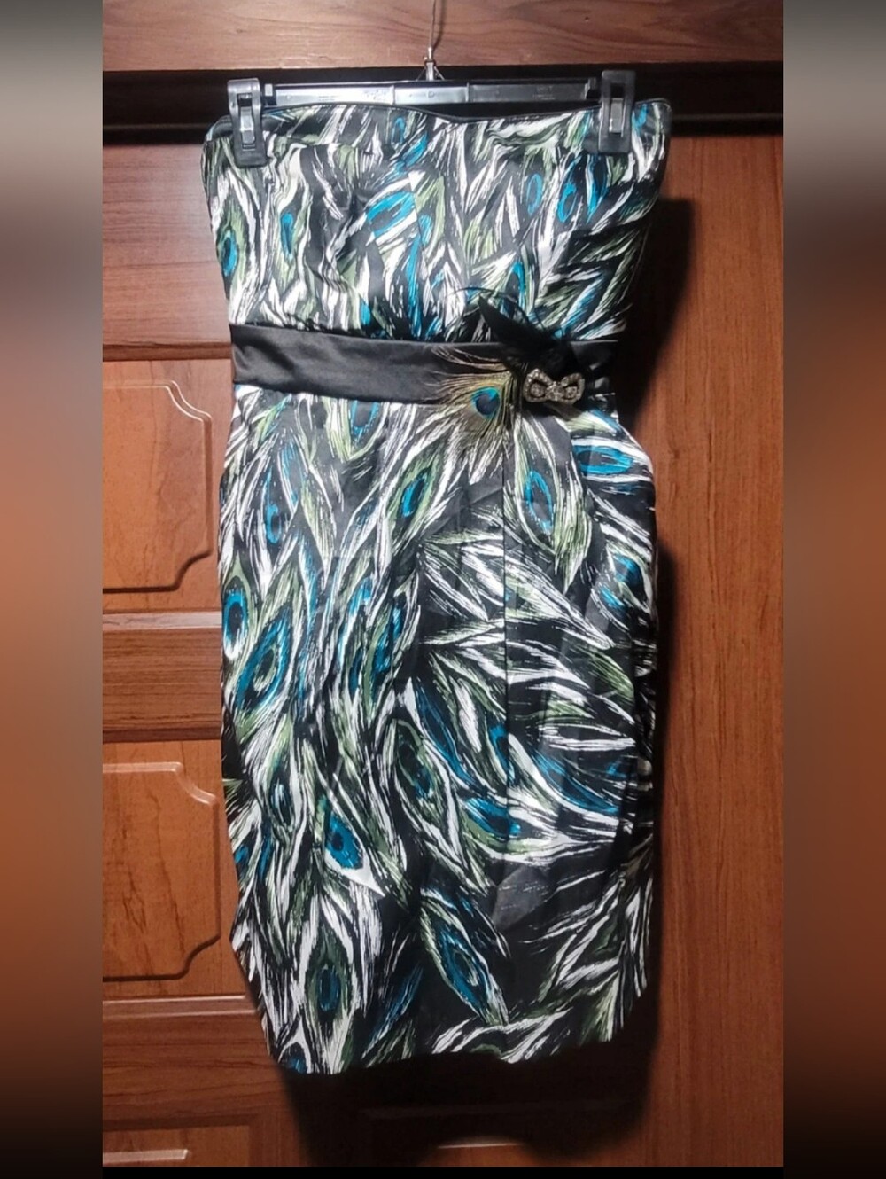 Trixxi Strapless Peacock-Print Cocktail Dress in Blue, Green and Black